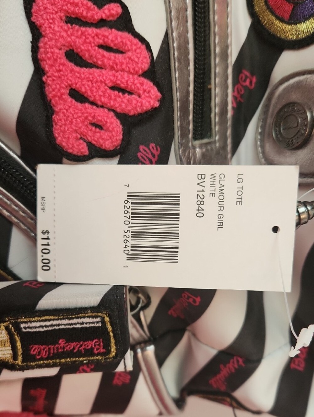 Betsey Johnson Black & White Striped Patchwork Tote with Pink Accents - Picture 2 of 7